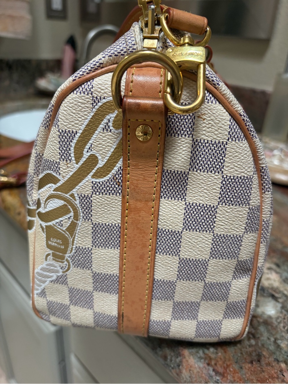 Louis Vuitton Damier Azur Satchel with Tan Leather Trim and Gold Chain Motif - Picture 3 of 8